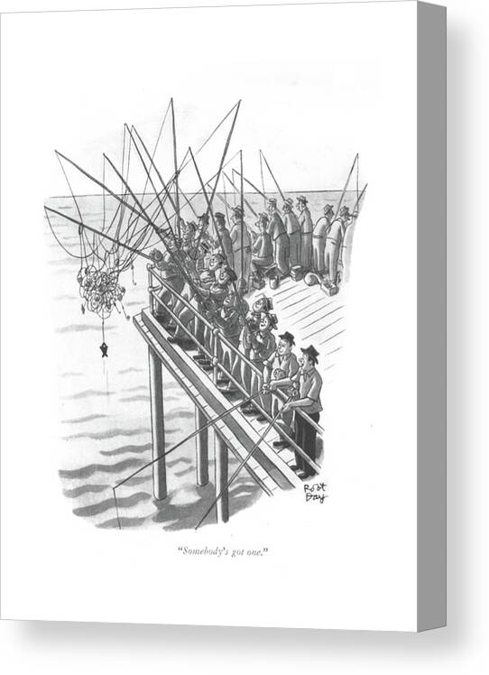 111405 Rda Robert J. Day Fishermen Lined Up On A Pier Have Got Their Lines Tangled. There Is A Small Fish Attached To One. Attached Catch Caught Crowd Crowds Dock ?sh ?shermen ?shers ?shing Group Have Knot Knots Line Lined Lines Pier Pole Small Sport Sports Stuck Tangle Tangled Their There Canvas Print featuring the drawing Somebody's Got One by Robert J. Day