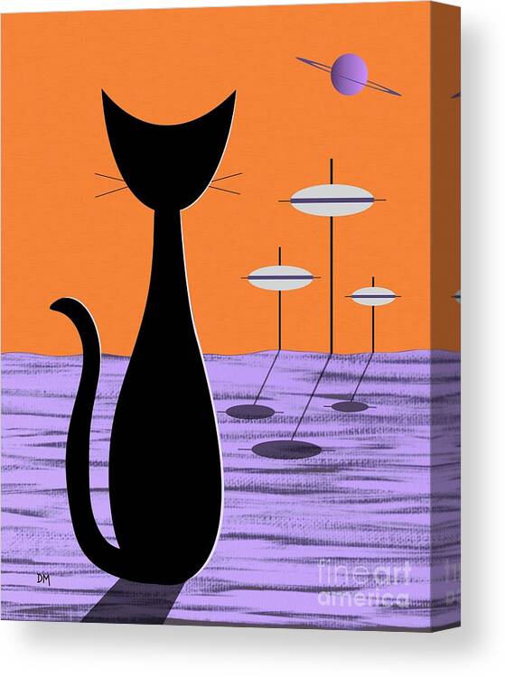 Mid Century Modern Canvas Print featuring the digital art Space Cat Orange Sky by Donna Mibus