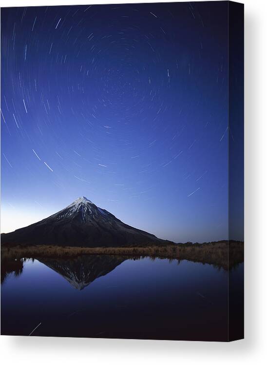 Feb0514 Canvas Print featuring the photograph Star Trails Over Mt Taranaki New Zealand by Harley Betts