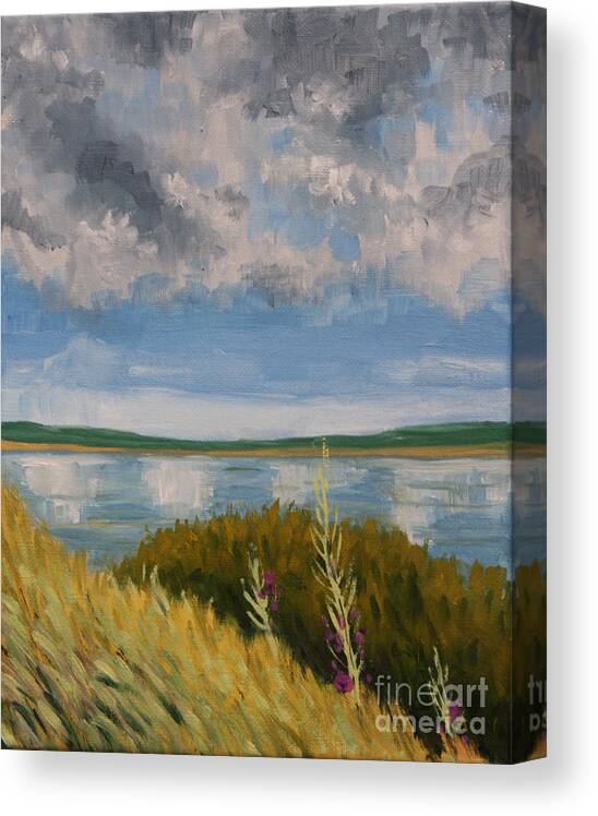 Hilary J England Canvas Print featuring the painting Study of clouds over the lake by Hilary England