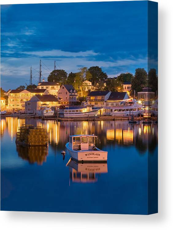 #boothbay#harbor#maine#summer#nights#boats Canvas Print featuring the photograph Summer Evening on Boothbay Harbor by Darylann Leonard Photography
