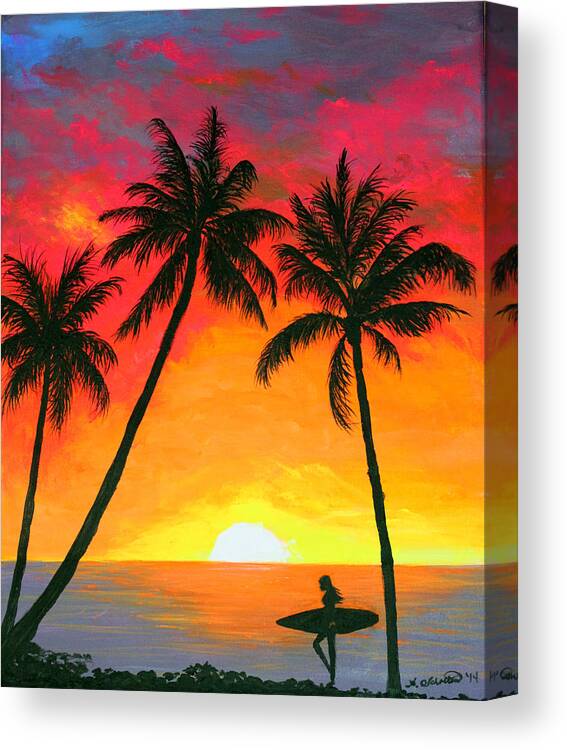 Surfers on beach Art Print on Canvas Sun sets 24 x 36 inches