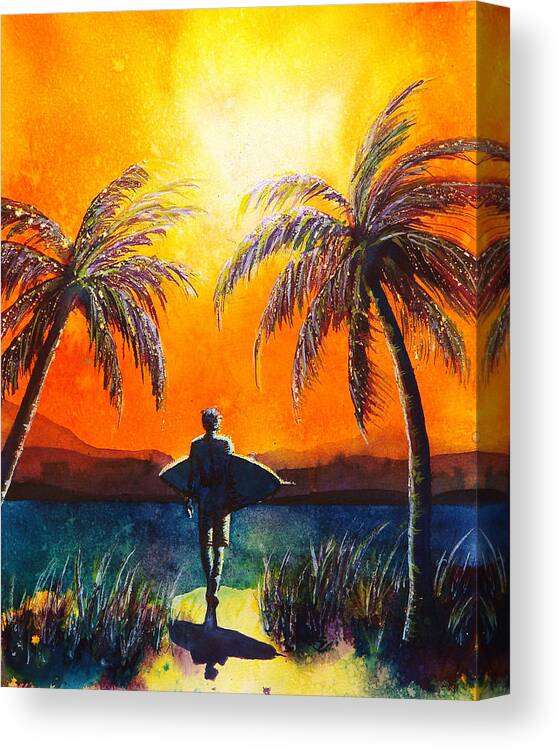 Surfer Canvas Print featuring the painting Sunset Surfer by Nelson Ruger