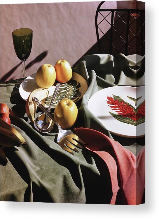 Outdoors Canvas Print featuring the photograph Tableware With Fruit by Horst P. Horst