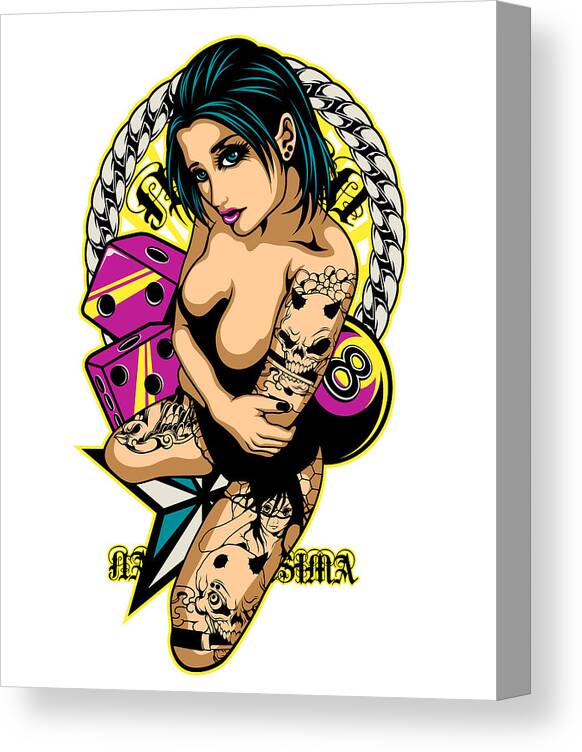 Girl Canvas Print featuring the digital art Tattooed Game Pin-Up Girl by Fatline