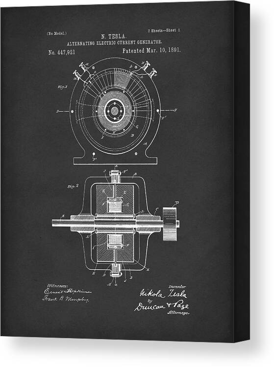 Tesla Canvas Print featuring the drawing Tesla Generator 1891 Patent Art Black by Prior Art Design