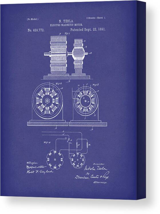 Tesla Canvas Print featuring the drawing Tesla Motor Sept 1891 Patent Art Blue by Prior Art Design