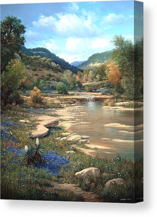 George Kovach Texas Hill Country Hills Waterfalls Oak Trees Bluebonnets Flowers Landscape Canvas Print featuring the painting Texas Hill Country by George Kovach