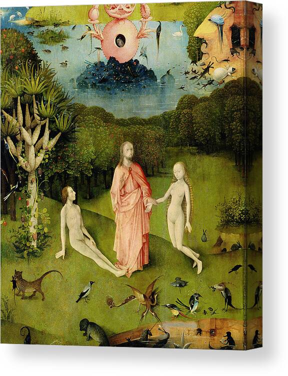 Genesis Canvas Print featuring the photograph The Garden Of Earthly Delights The Garden Of Eden, Left Wing Of Triptych, C.1500 Oil On Panel by Hieronymus Bosch