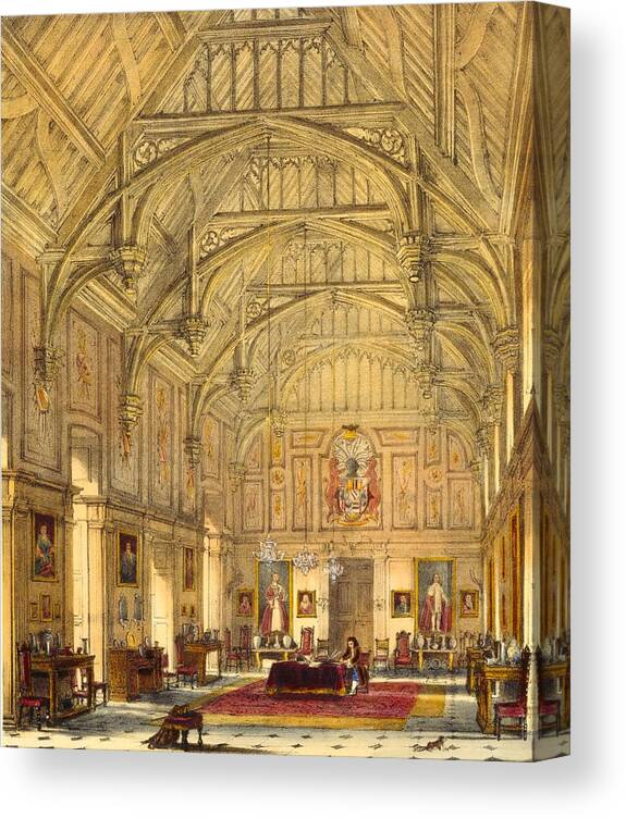 Domestic Interior Canvas Print featuring the drawing The Grand Hall, Biddington, Surrey by Joseph Nash