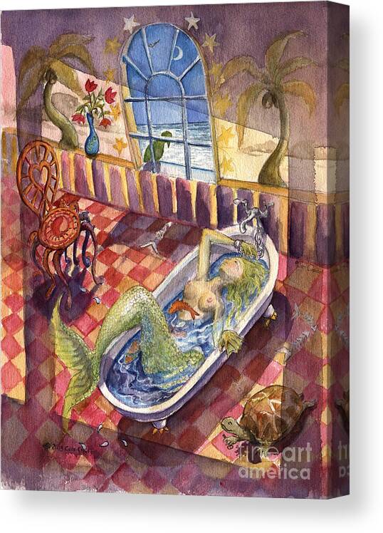 Mermaid Canvas Print featuring the painting The Green Bird Knows by Cori Caputo