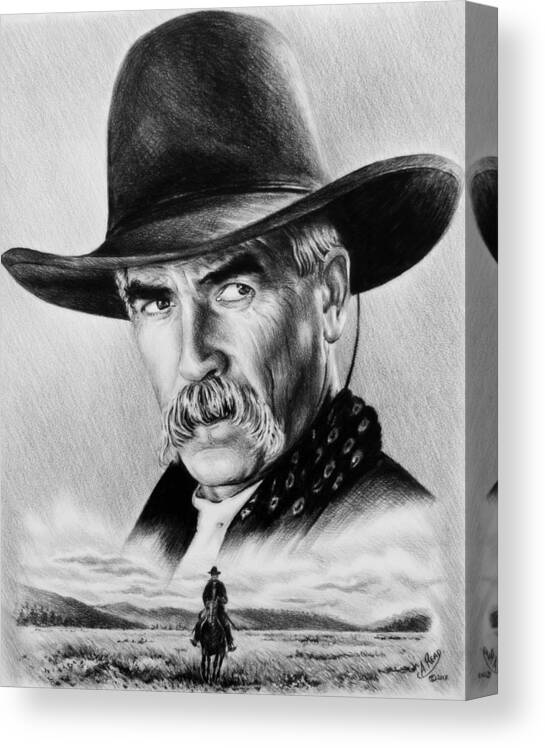 Sam Elliot Canvas Print featuring the drawing The Lone Rider wash effect by Andrew Read