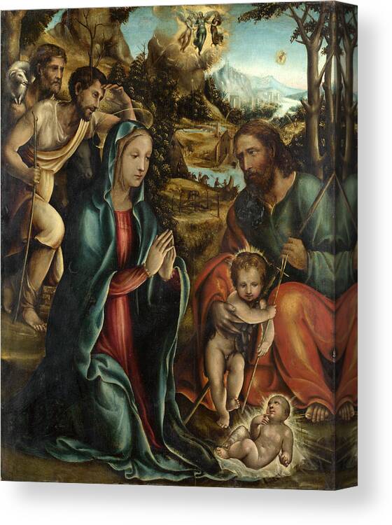 Follower Of Sodoma Canvas Print featuring the painting The Nativity with the Infant Baptist and Shepherds by Follower of Sodoma