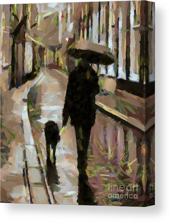Man Canvas Print featuring the painting The rainy walk by Dragica Micki Fortuna