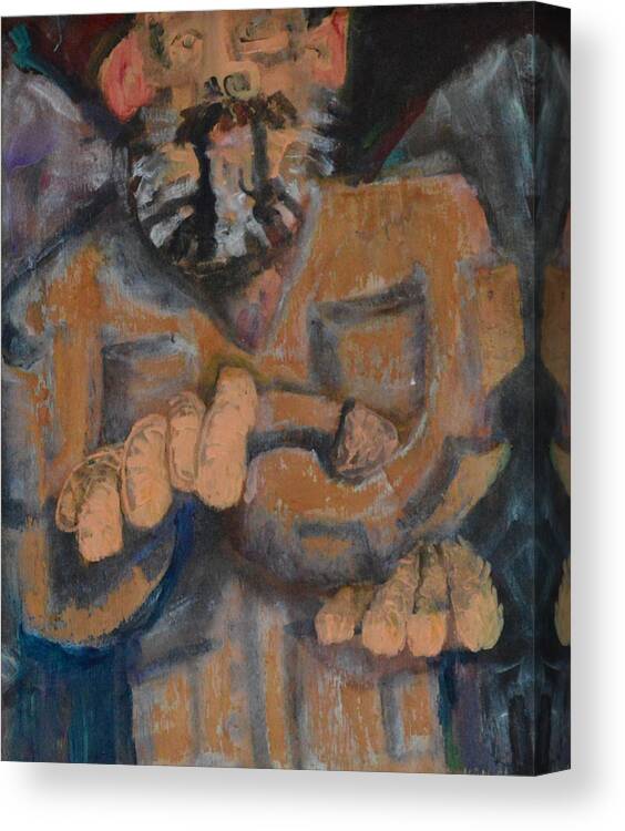 Abstract Modern Raw Outsider Folk Person Figure Portrait Man Beard Grey Hands Fingers Canvas Print featuring the painting There You Go Destroying My Scientific Mind Again - Confusing Me With Facts by Nancy Mauerman
