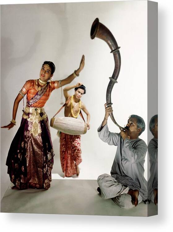 Music Canvas Print featuring the photograph Three Indians Playing Music And Dancing by Horst P. Horst