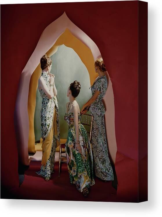 Accessories Canvas Print featuring the photograph Three Models Wearing Patterned Dresses by Cecil Beaton
