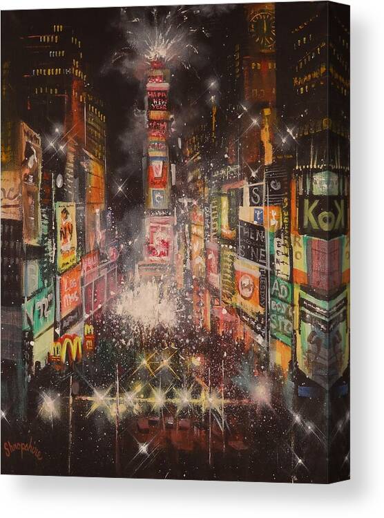  Ball Drop Canvas Print featuring the painting Times Square New Years Eve by Tom Shropshire