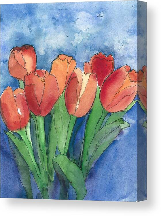 Red And Orange Tulips Canvas Print featuring the painting Tulips After the Rain by Maria Hunt