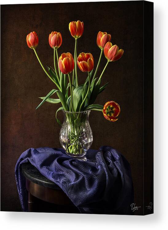 Vase Canvas Print featuring the photograph Tulips In A Crystal Vase by Endre Balogh