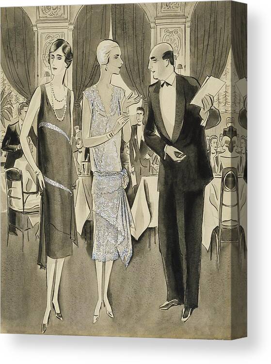 Fashion Canvas Print featuring the digital art Two Women Wearing Crepe Elizabeth Dresses by William Bolin