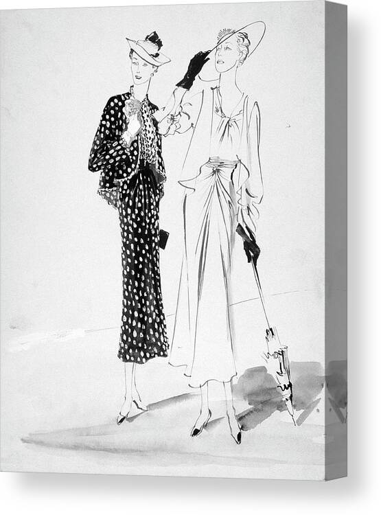 Hat Canvas Print featuring the digital art Two Women Wearing Hats And Looking Away by Rene Bouet-Willaumez