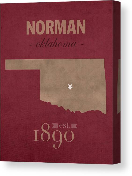 University Of Oklahoma Canvas Print featuring the mixed media University of Oklahoma Sooners Norman College Town State Map Poster Series No 083 by Design Turnpike