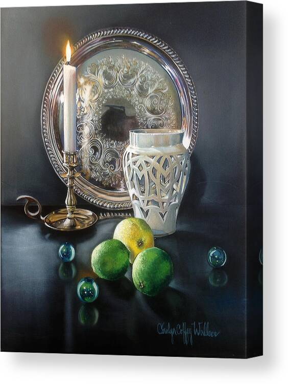 Art Canvas Print featuring the painting Vanitas Still Life by Candlelight with Limes 2 by Carolyn Coffey Wallace