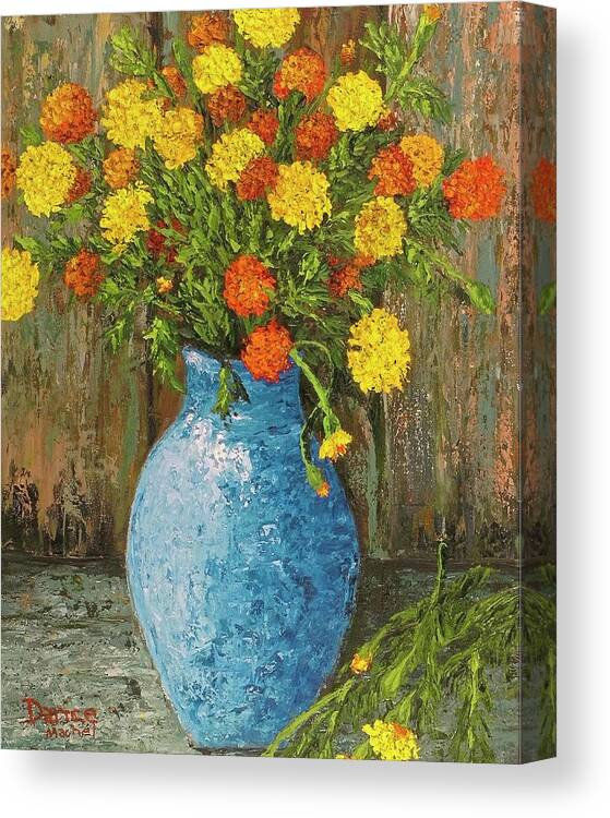 Impressionistic Canvas Print featuring the painting Vase of Marigolds by Darice Machel McGuire