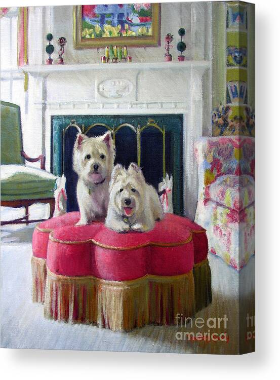 Dogs Canvas Print featuring the painting Westies in the Living Room by Candace Lovely