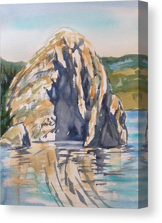 White Stone Is A Landmark Piece Of Ancient Geology On Lake Roosevelt Canvas Print featuring the painting White Stone by Lynne Haines