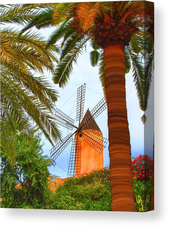 Spain Canvas Print featuring the painting Windmill in Palma de Mallorca by Deborah Boyd