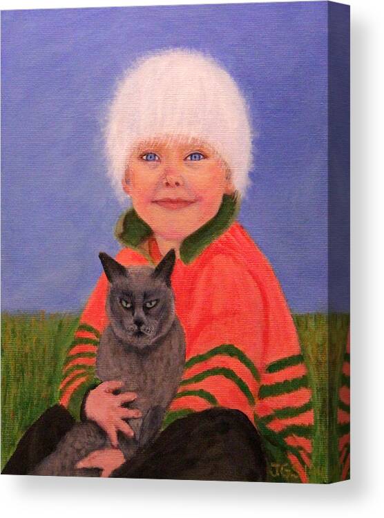 Paintings Canvas Print featuring the painting Young Boy and Geriatric Kitty by Janet Greer Sammons
