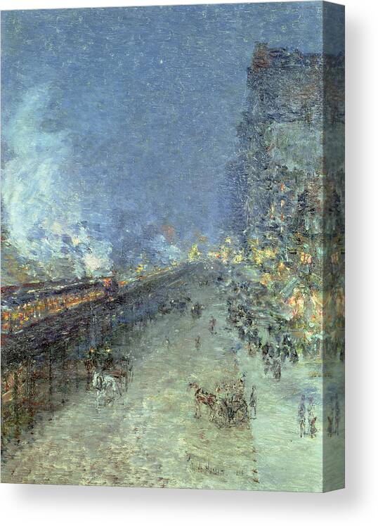 American Impressionist; Street; Rain; Tram; Lights; Night; The Ten Group; Nyc; Manhattan; Public Transport System; Impressionism Canvas Print featuring the painting The El by Childe Hassam