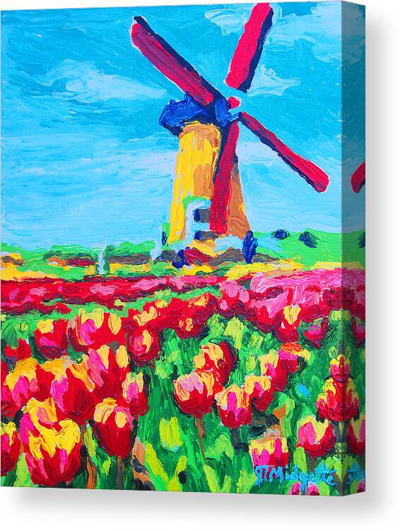 Holland Canvas Print featuring the painting Windmill and Tulips #1 by Tommy Midyette
