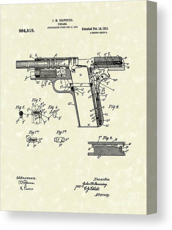 Browning Canvas Print featuring the drawing Browning Handgun 1911 Patent Art by Prior Art Design