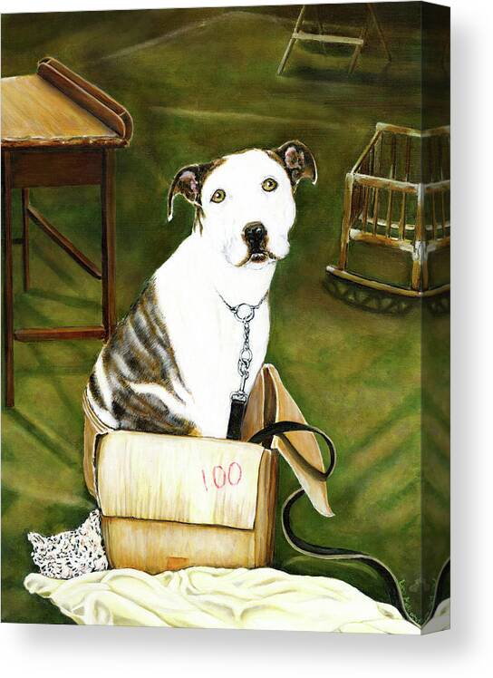 Dog Canvas Print featuring the painting Dog in Box One Dollar by Leo Malboeuf