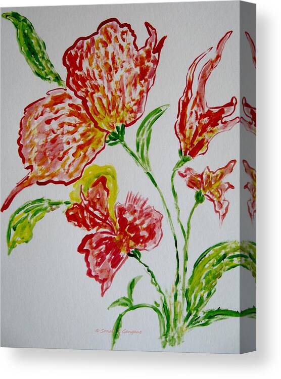 Red Flowers & Green Leaves Canvas Print featuring the painting Florals by Sonali Gangane