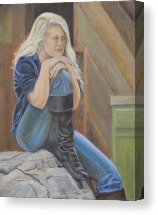 Figurative Canvas Print featuring the painting Girl on a rock by Todd Cooper