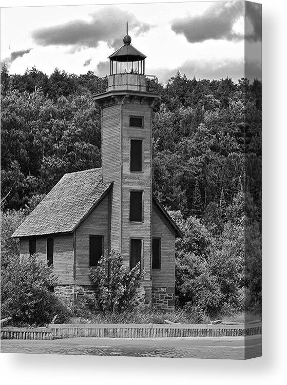 Grand Island Lighthouse Canvas Print featuring the photograph Grand Island Lighthouse BW by Michael Peychich