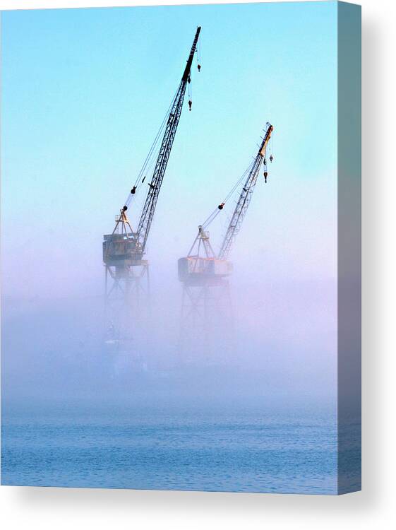 L.a. Harbor Canvas Print featuring the photograph Harbor Fog with Cranes by Joe Schofield