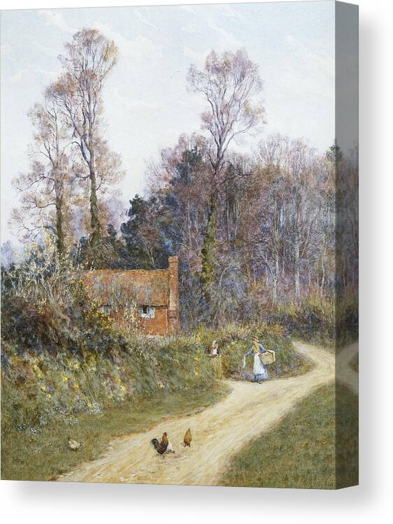 English; Landscape; C19th; C20th; Victorian; Country; Road; Cottage; Female; Women; Gossiping; Chickens Canvas Print featuring the painting In a Witley Lane by Helen Allingham