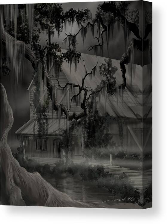 Old Woman Canvas Print featuring the painting Legend of the Old House in the Swamp by James Christopher Hill