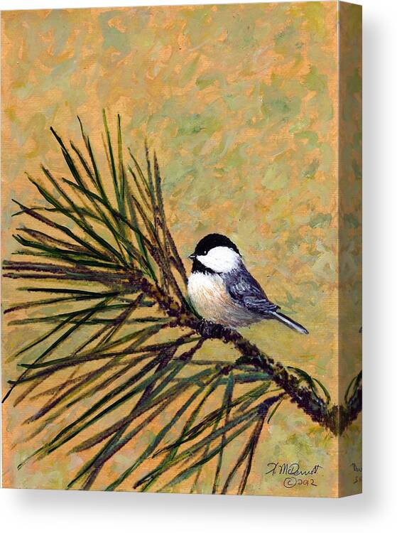 Chickadee Canvas Print featuring the painting Pine Branch Chickadee Bird 2 by Kathleen McDermott