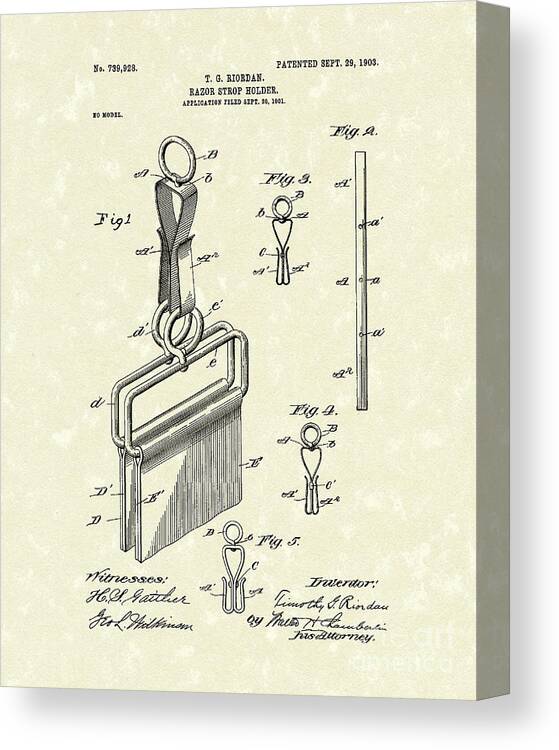 Riordan Canvas Print featuring the drawing Razor Strop Holder 1903 Patent Art by Prior Art Design