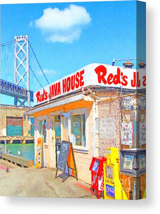 San Francisco Canvas Print featuring the photograph Reds Java House and The Bay Bridge at San Francisco Embarcadero by Wingsdomain Art and Photography