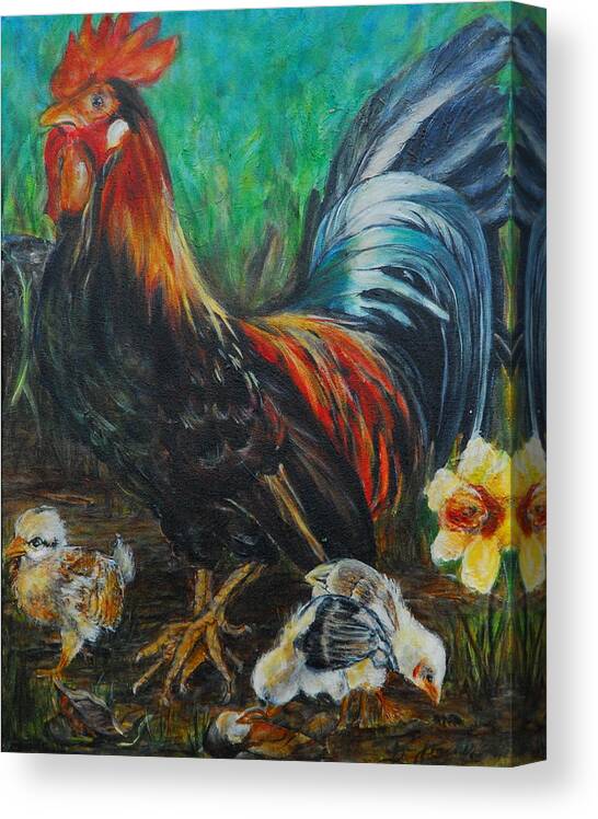 Rooster Canvas Print featuring the painting Rooster and chicks II by Bonnie Peacher