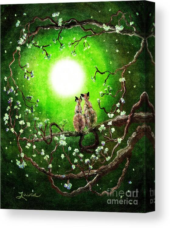 Japanese Canvas Print featuring the digital art Siamese Cats in Spring Moonlight by Laura Iverson