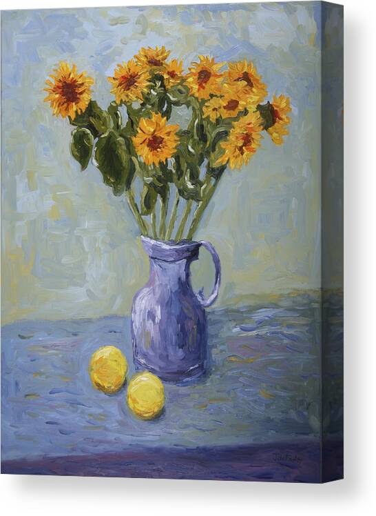 Sunflowers Lemons Oil Painting Canvas Print featuring the painting Sunflowers and Lemons by John Farley