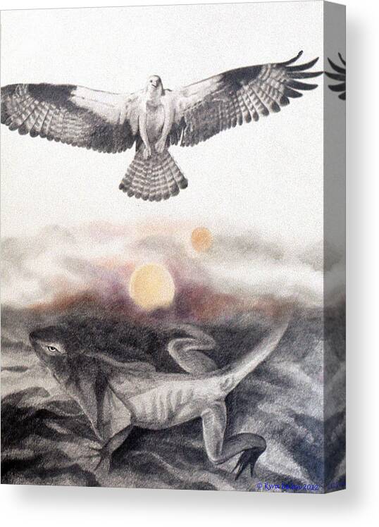 The Osprey Is Flying Over A Magical Landscape That Includes A Lizard. Drawn In Graphite And Colored Pencils. Canvas Print featuring the drawing The Osprey and the Lizard by Kyra Belan